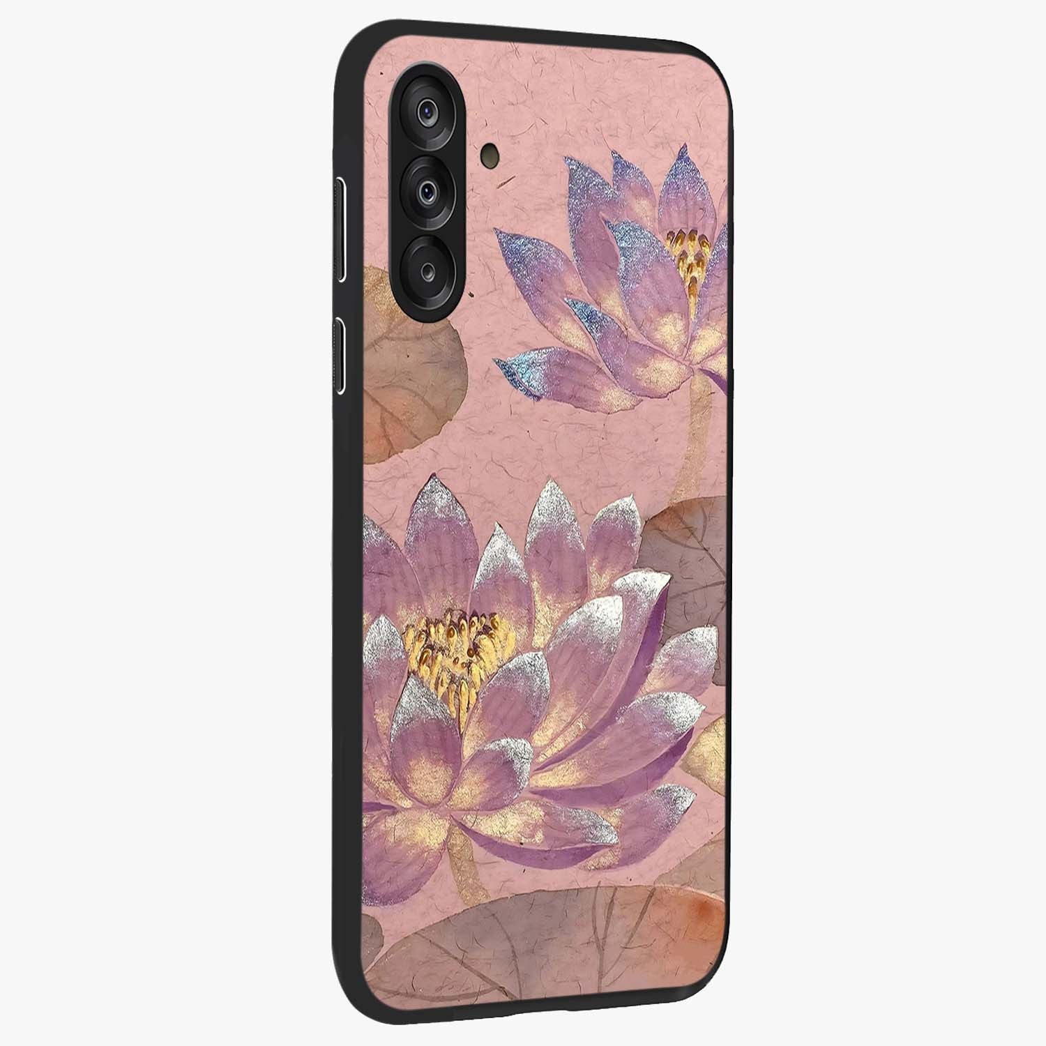 Blossom Mist Lotus Glass Case upright view showcasing graceful lotus flower design with peaceful botanical style.