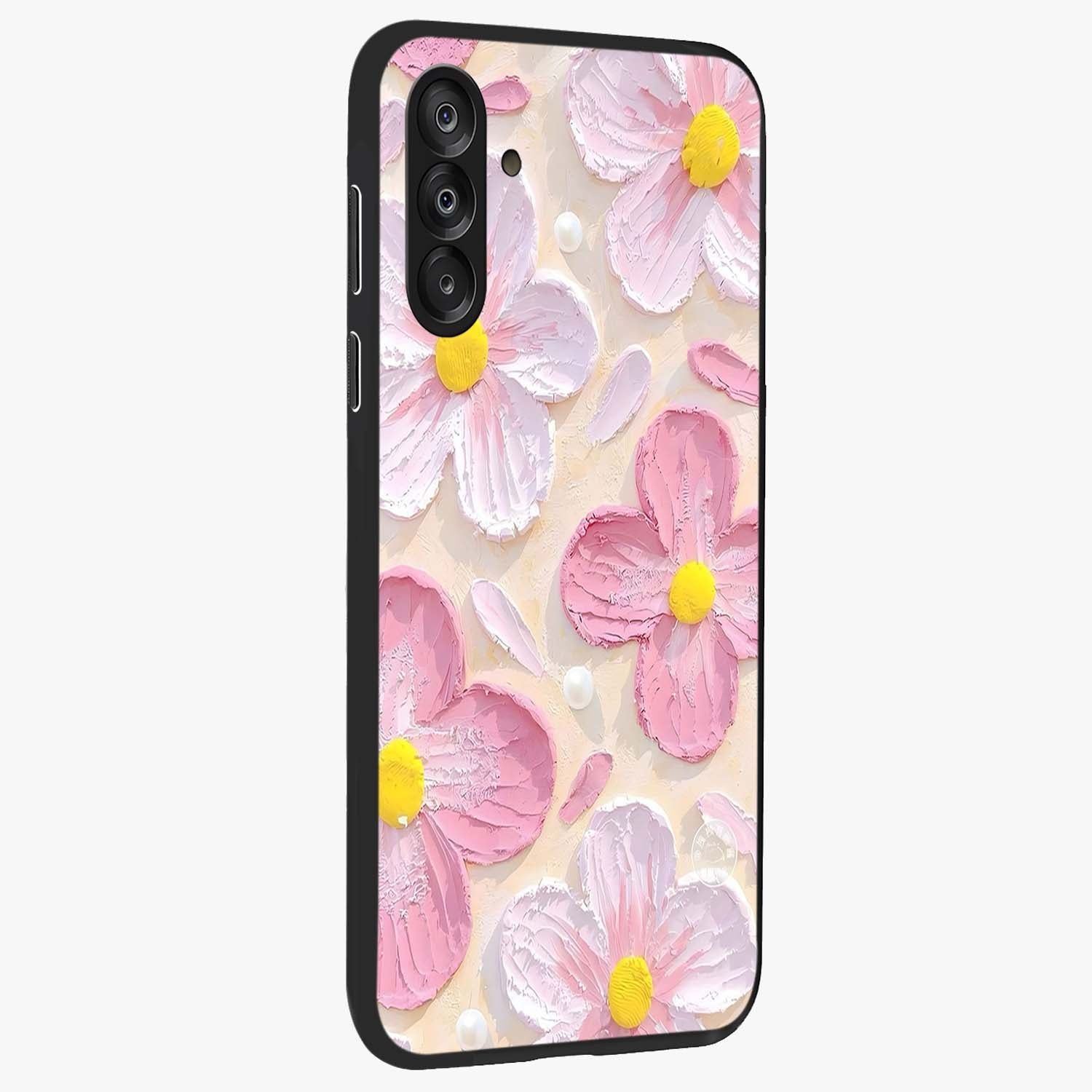 Blush Bloom Texture Glass Case upright view showcasing delicate blush floral texture with modern minimal style.