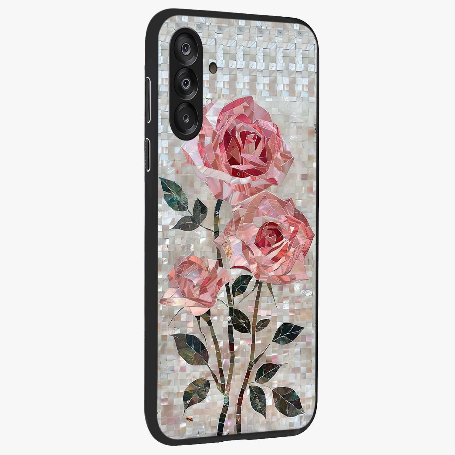 Blush Mosaic Bloom Glass Case upright view showcasing decorative floral mosaic artwork with stylish modern aesthetic.