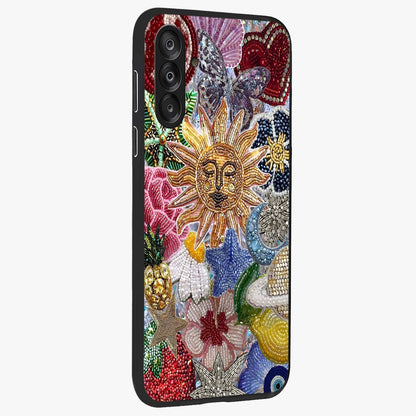 Celestial Floral and Playful Glass Case upright view showcasing whimsical floral artwork with cosmic aesthetic theme.