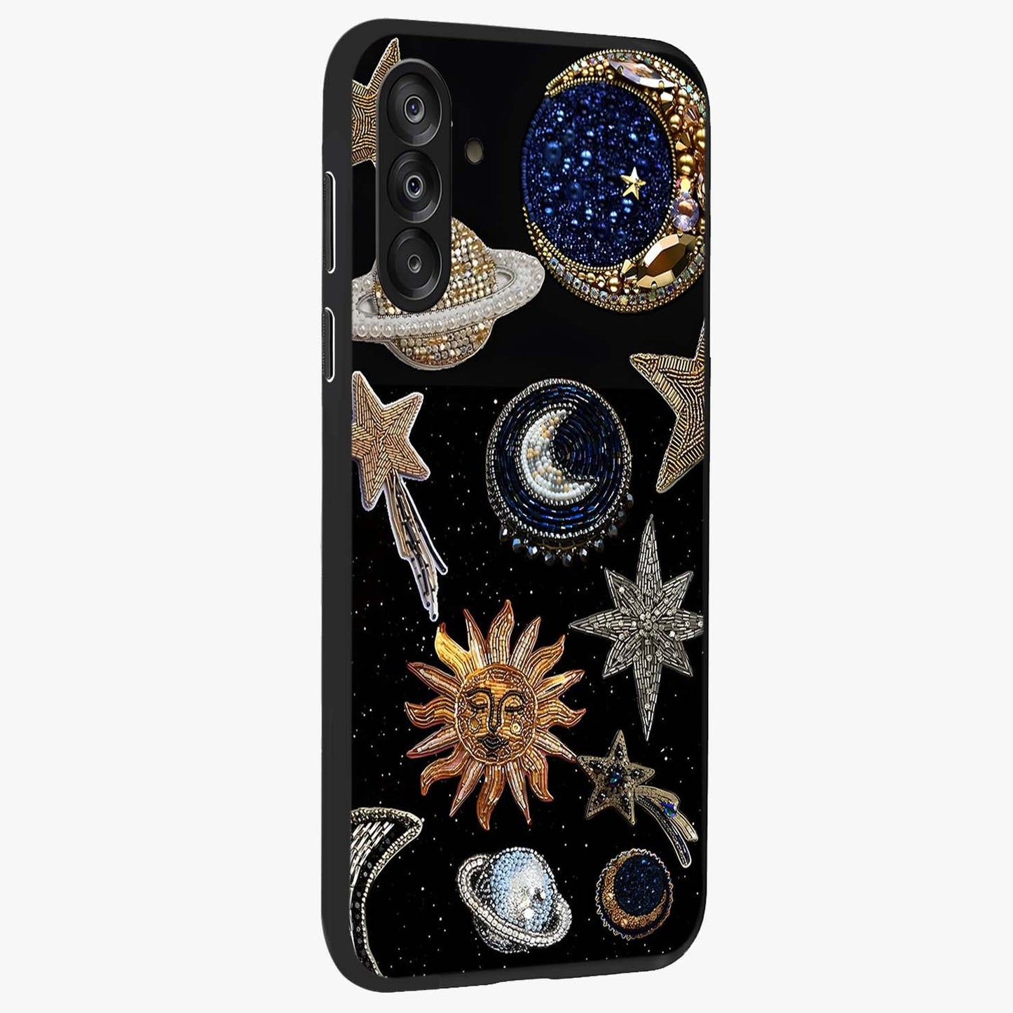 Celestial Gem Constellations Glass Case upright view showcasing cosmic constellation artwork with celestial aesthetic style.