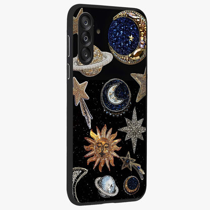 Celestial Gem Constellations Glass Case upright view showcasing cosmic constellation artwork with celestial aesthetic style.