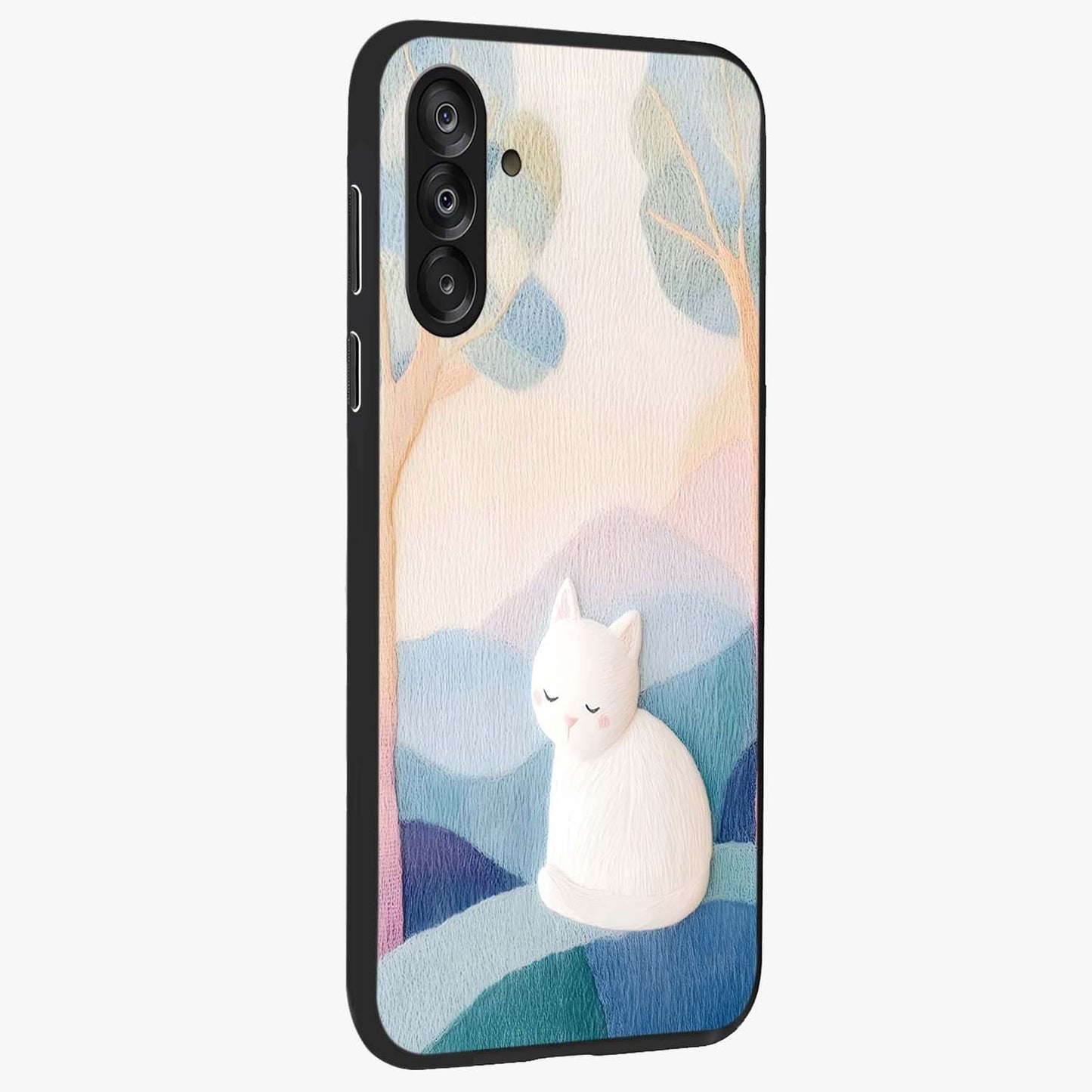 Cotton Dream Cat Glass Case upright view showcasing charming cat artwork with cozy dreamy theme.