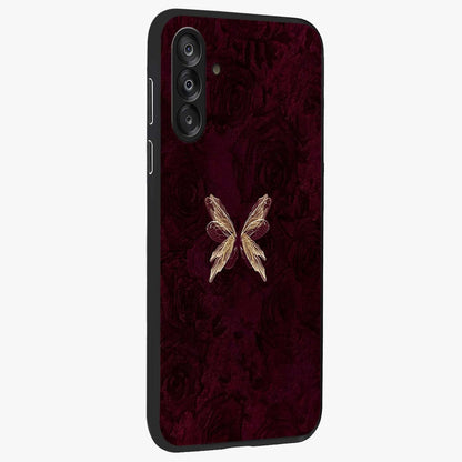 Crimson Fade Butterfly Glass Case upright view showcasing graceful butterfly artwork with soft crimson fade effect.
