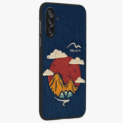 Dream Beyond Mountains Glass Case upright view showcasing beautiful mountain scenery with inspirational nature theme.