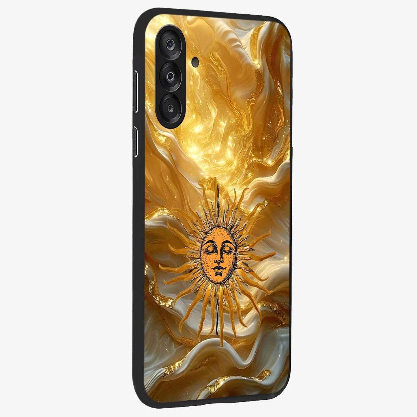 Eternal Golden Glow Glass Case upright view showcasing luminous golden artwork with luxurious visual theme.