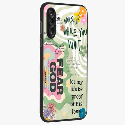 Faith Over Fear Glass Case upright view showcasing bold typography artwork with uplifting motivational theme.