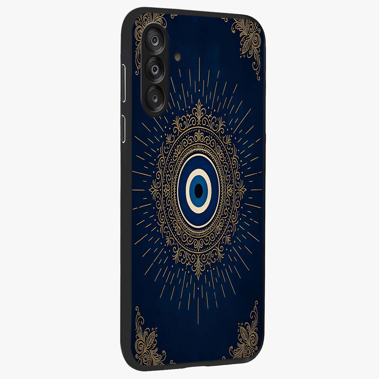 Golden Celestial Charm Glass Case upright view showcasing radiant celestial artwork with elegant golden theme.