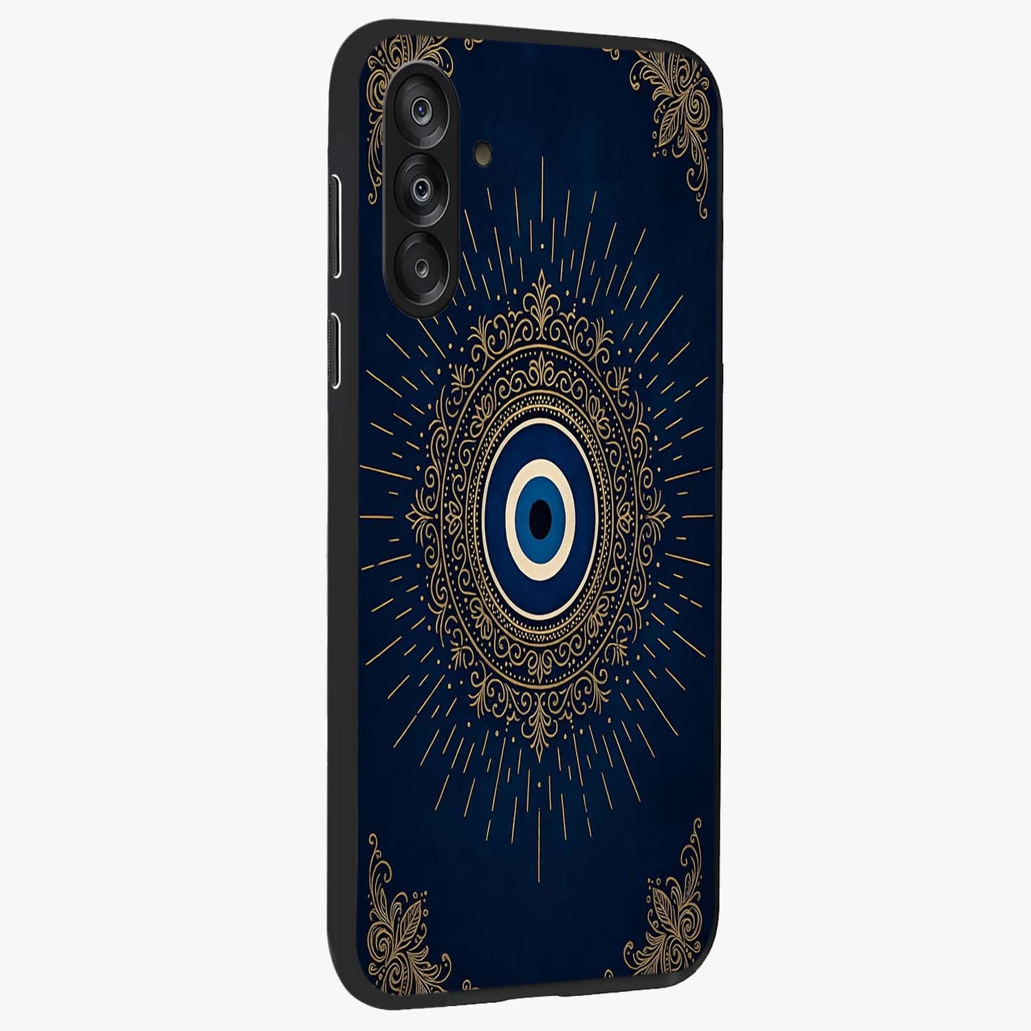 Golden Celestial Charm Glass Case upright view showcasing radiant celestial artwork with elegant golden theme.