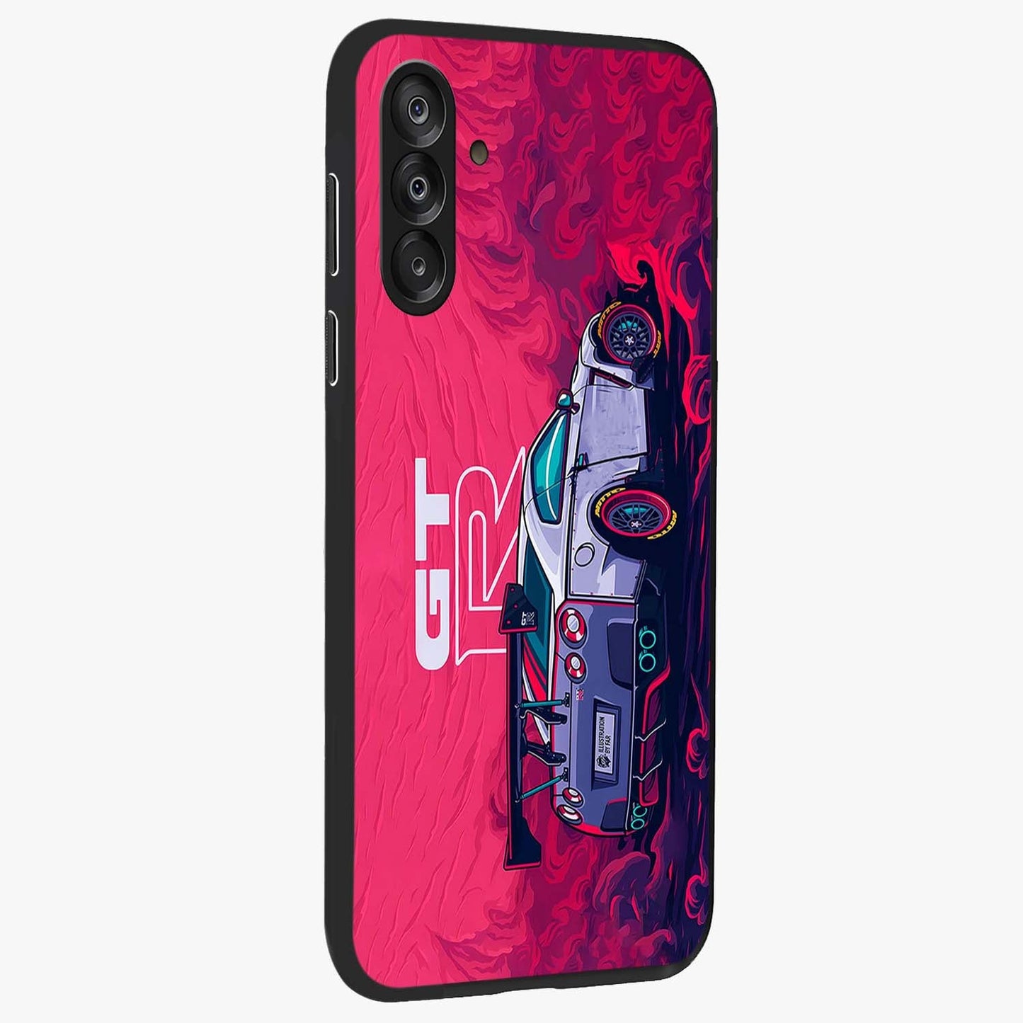 GT-R Car Pattern Glass Case upright view showcasing dynamic car pattern artwork with modern sports theme.