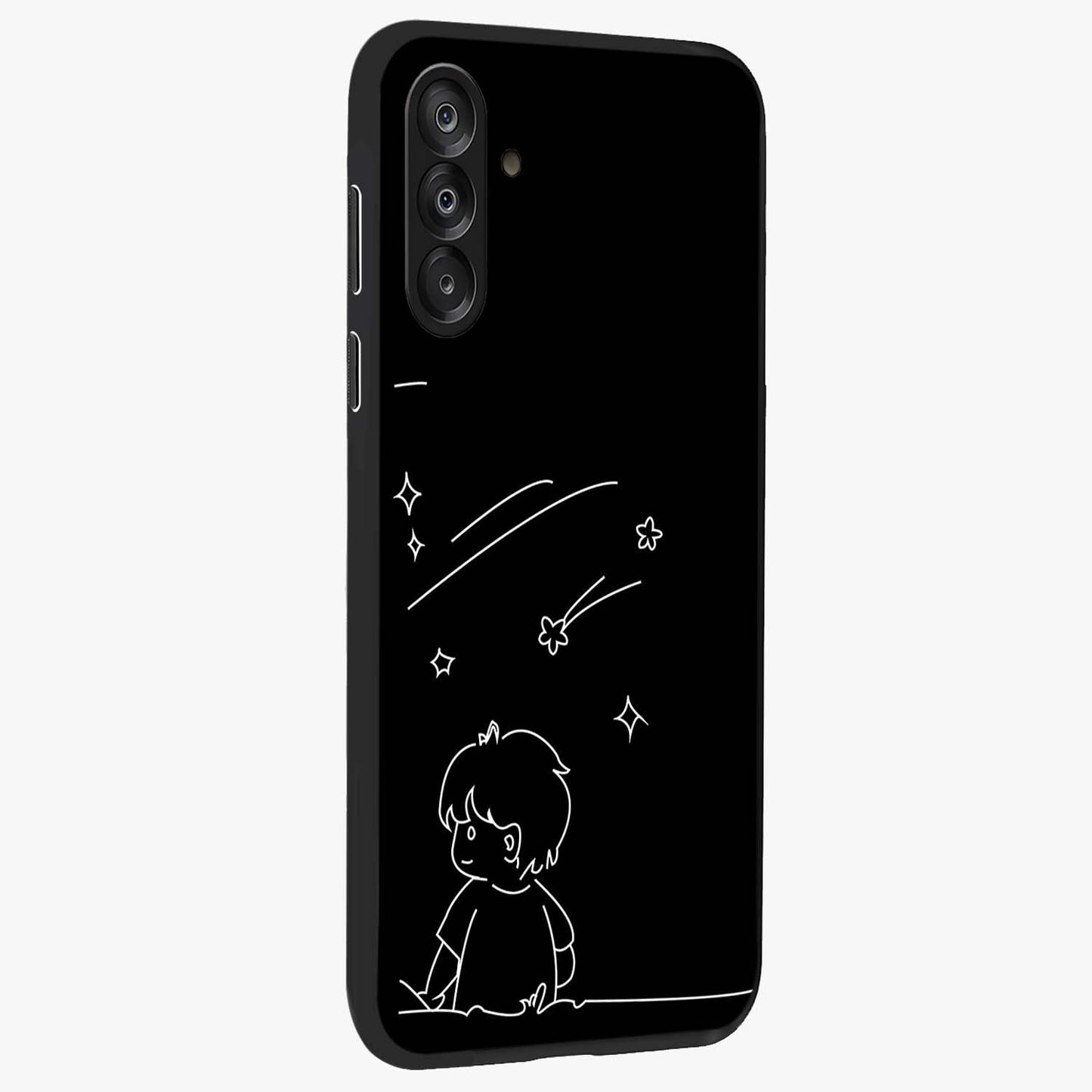 Line Art Boy With Shooting Stars Glass Case upright view showcasing artistic shooting star illustration with minimal style.