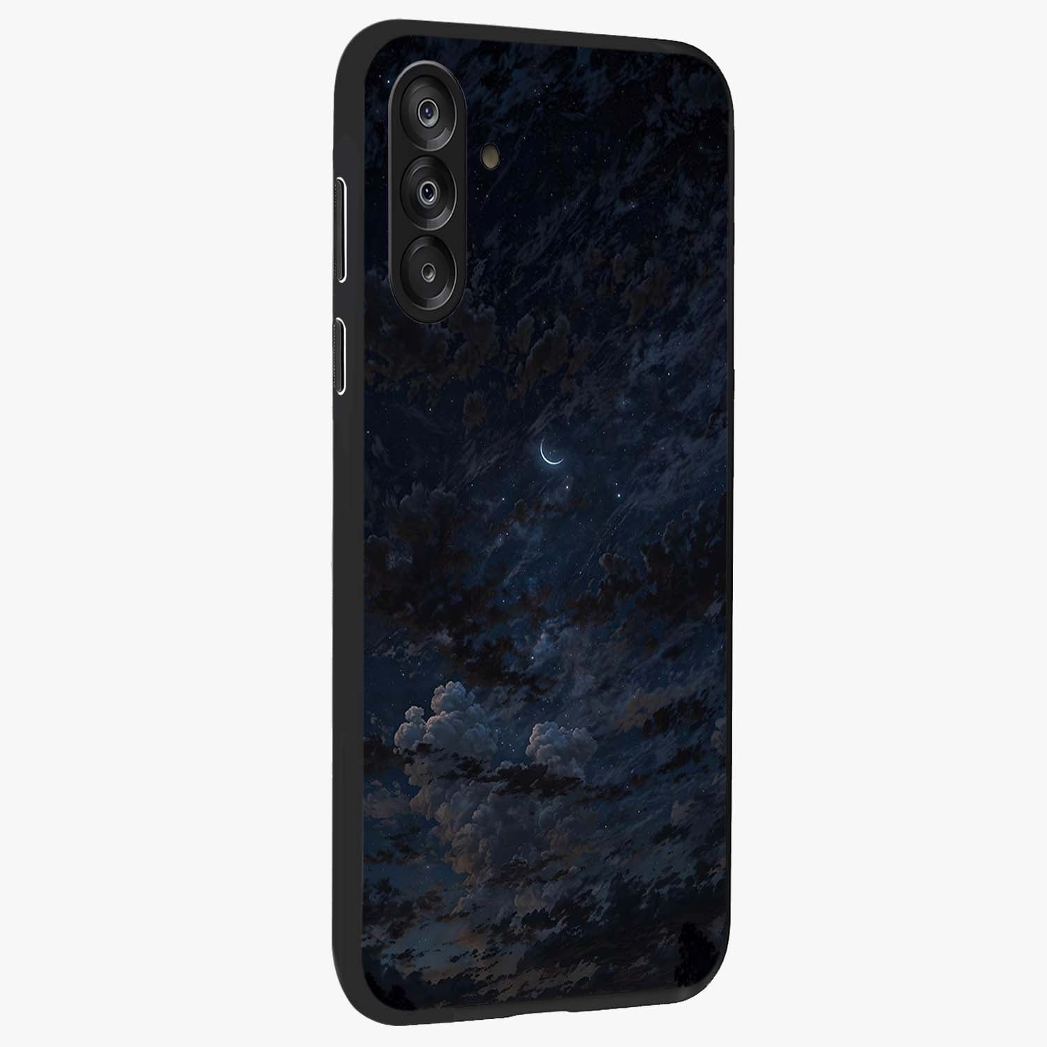 Lunar Veil Silence Glass Case upright view showcasing calm moon themed artwork with serene night atmosphere.