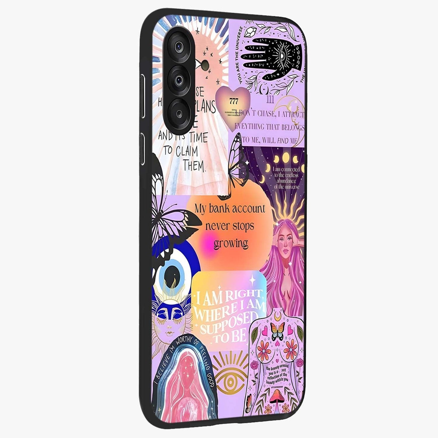 Manifestation Collage Glass Case upright view showcasing artistic manifestation themed artwork with creative style.