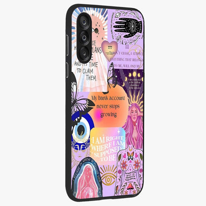 Manifestation Collage Glass Case upright view showcasing artistic manifestation themed artwork with creative style.