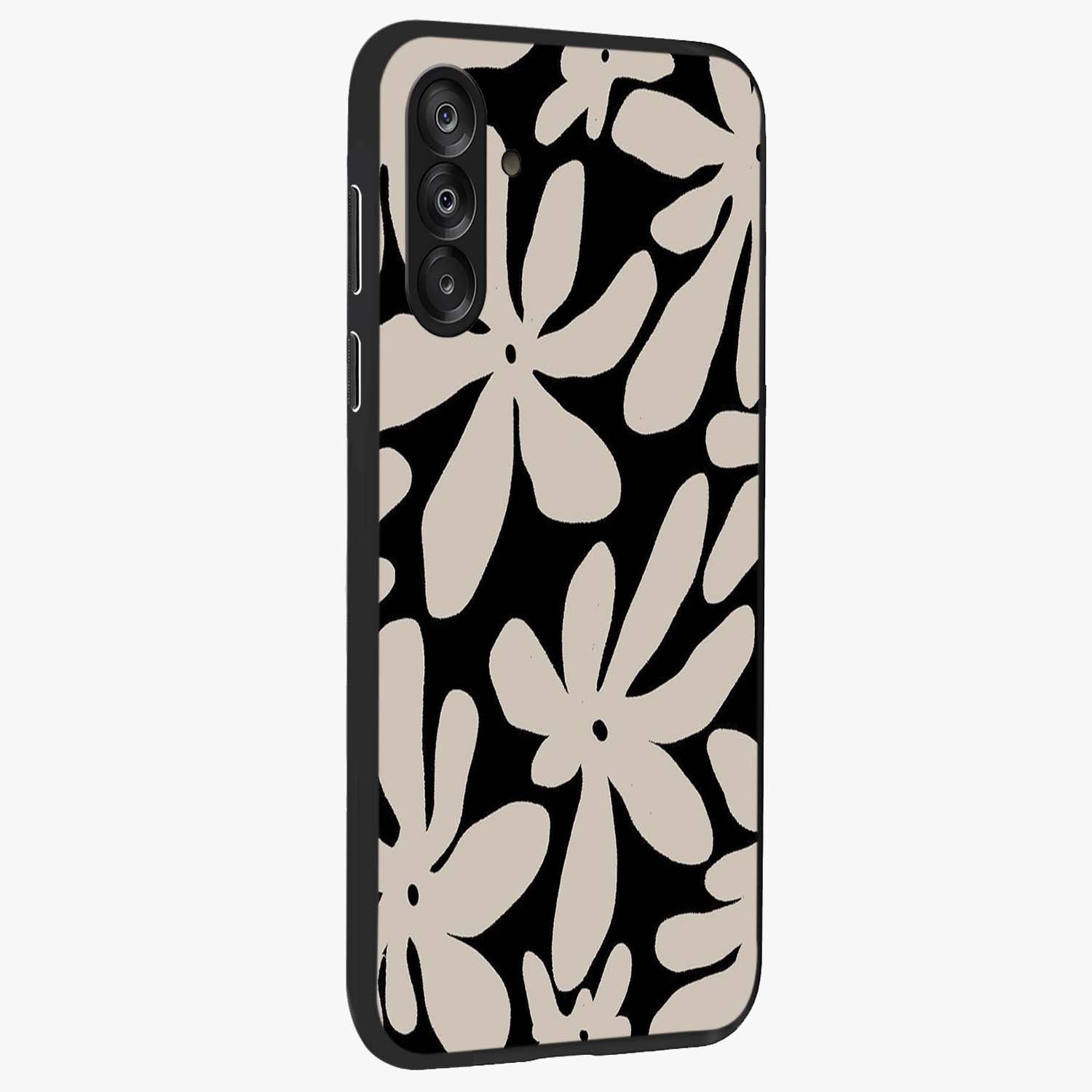 Monochrome Petal Dance Glass Case upright view showcasing artistic floral pattern with stylish monochrome theme.