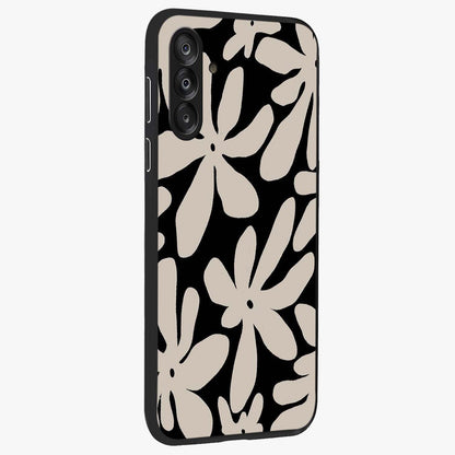 Monochrome Petal Dance Glass Case upright view showcasing artistic floral pattern with stylish monochrome theme.