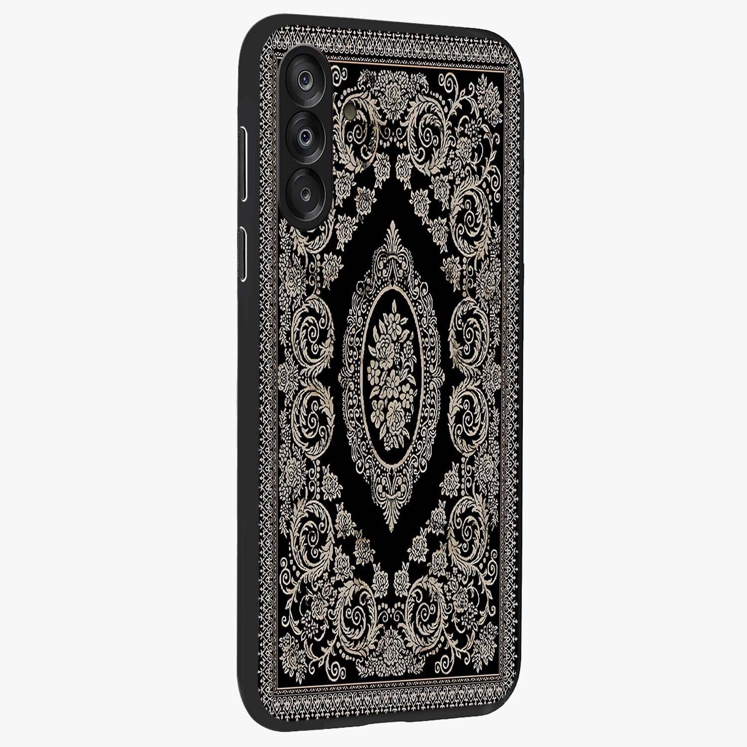 Noir Bloom Elegance Glass Case upright view showcasing graceful floral artwork with luxurious dark theme.