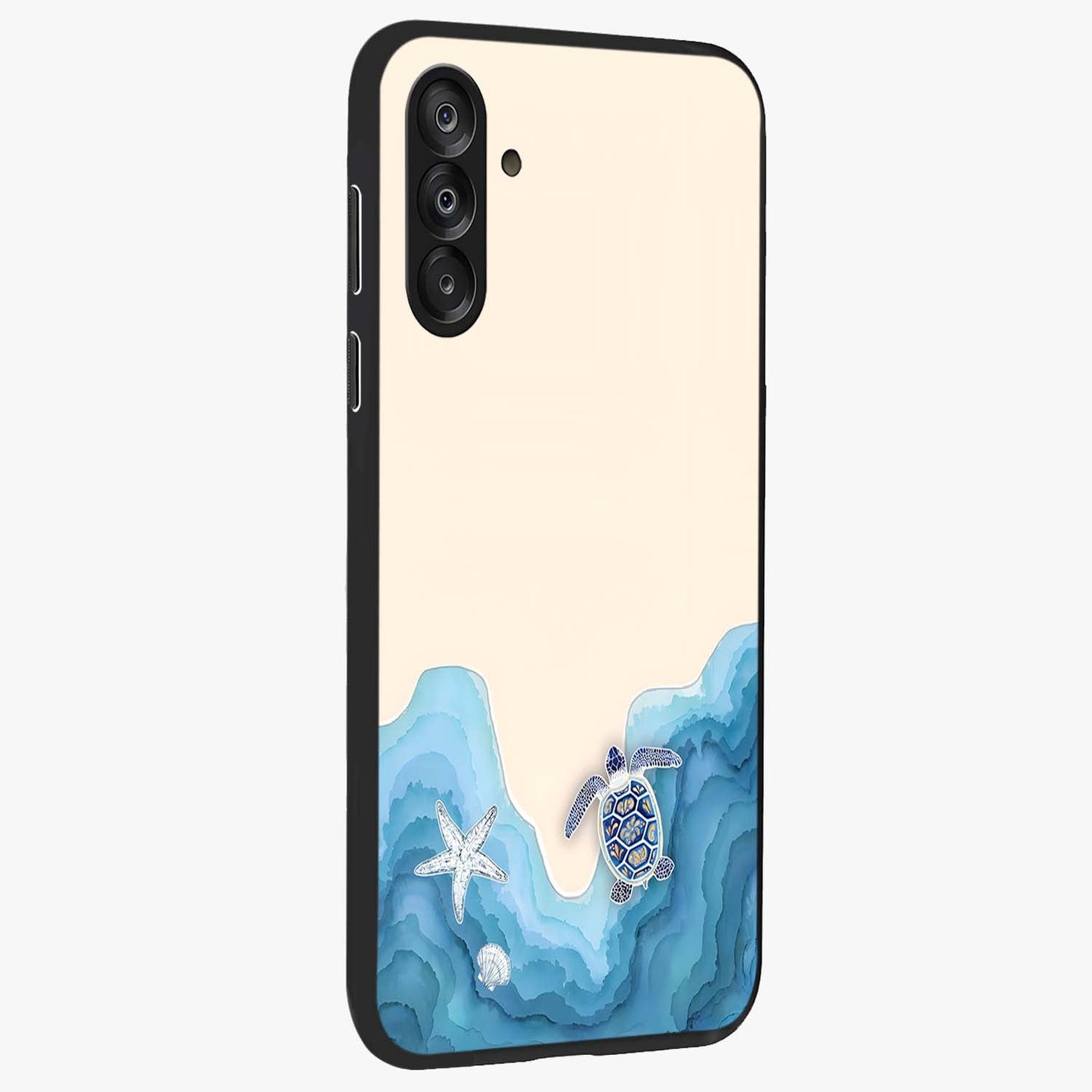 Ocean Drift Turtle Glass Case upright view showcasing calm underwater turtle artwork with nature inspired theme.