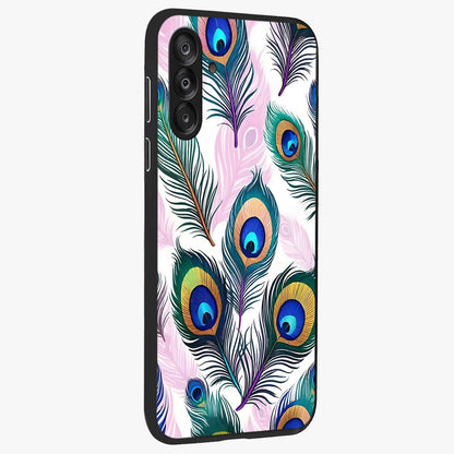 Royal Peacock Feathers Glass Case upright view showcasing elegant peacock feather artwork with decorative royal theme.