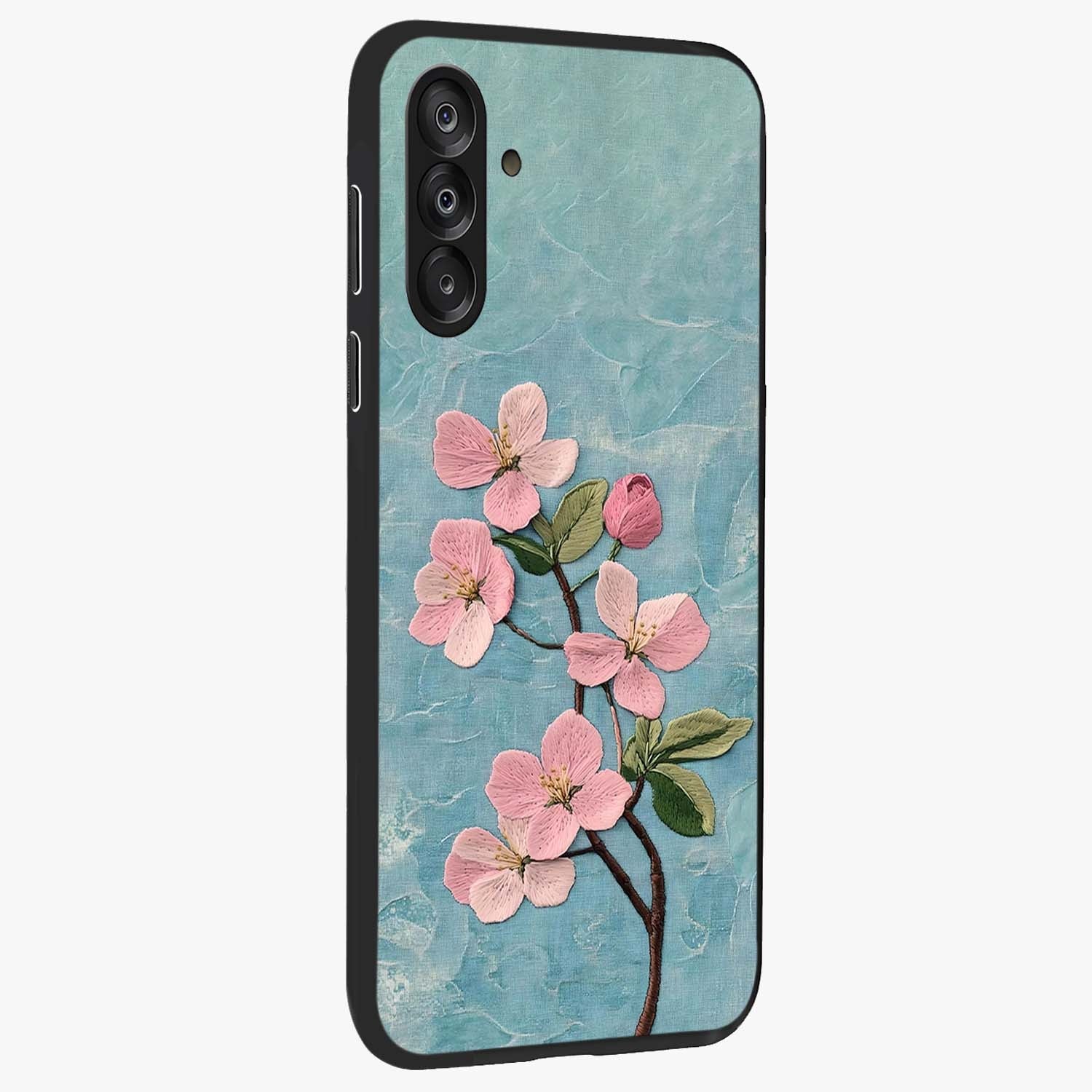 Threaded Blossom Breeze Glass Case upright view showcasing graceful flower artwork with calm botanical theme.
