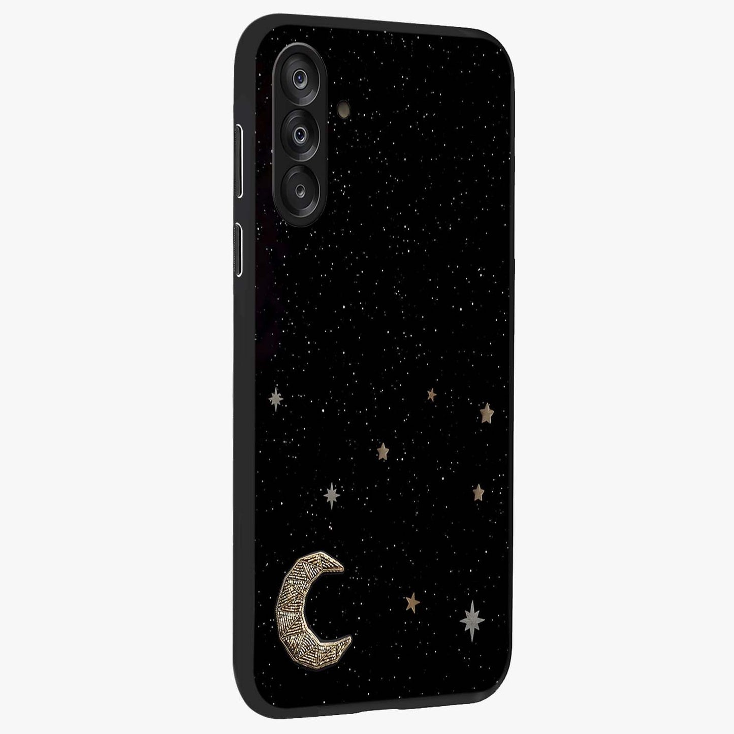 Twinkle Star With Half Moon Glass Case upright view showcasing glowing cosmic artwork with dreamy night theme.