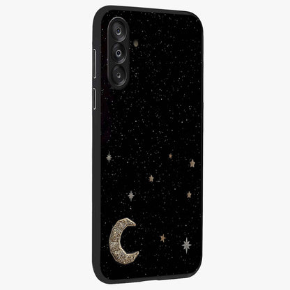 Twinkle Star With Half Moon Glass Case upright view showcasing glowing cosmic artwork with dreamy night theme.