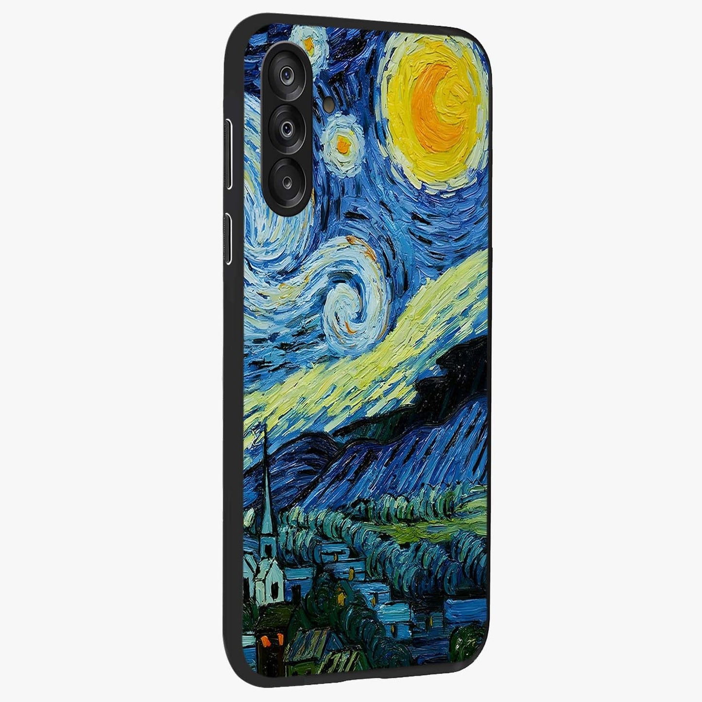 Van Gogh Art Glass Case upright view showcasing expressive painting style artwork with timeless artistic theme.