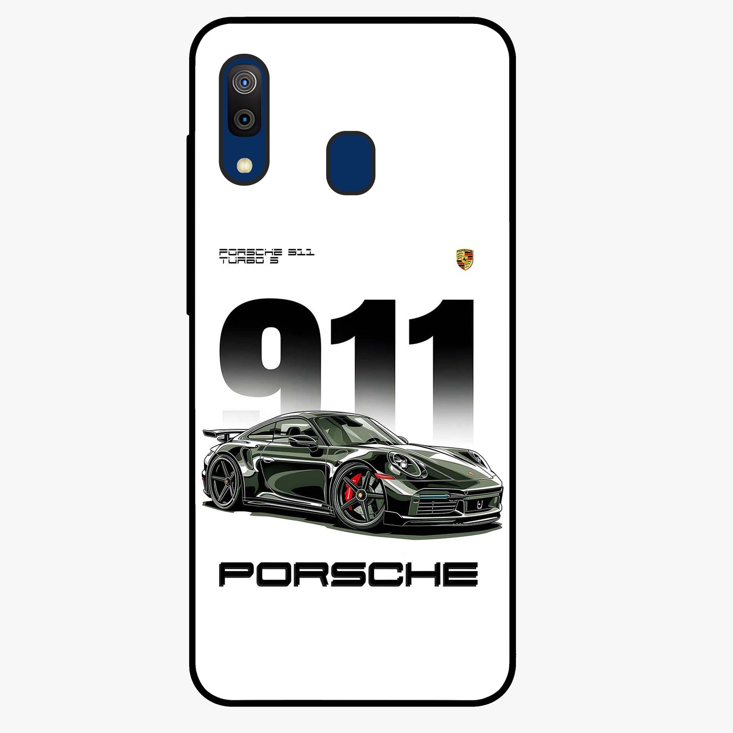 911 Turbo Dominance Glass Case showing clean flat back view with bold 911 sports car artwork and glossy glass finish.