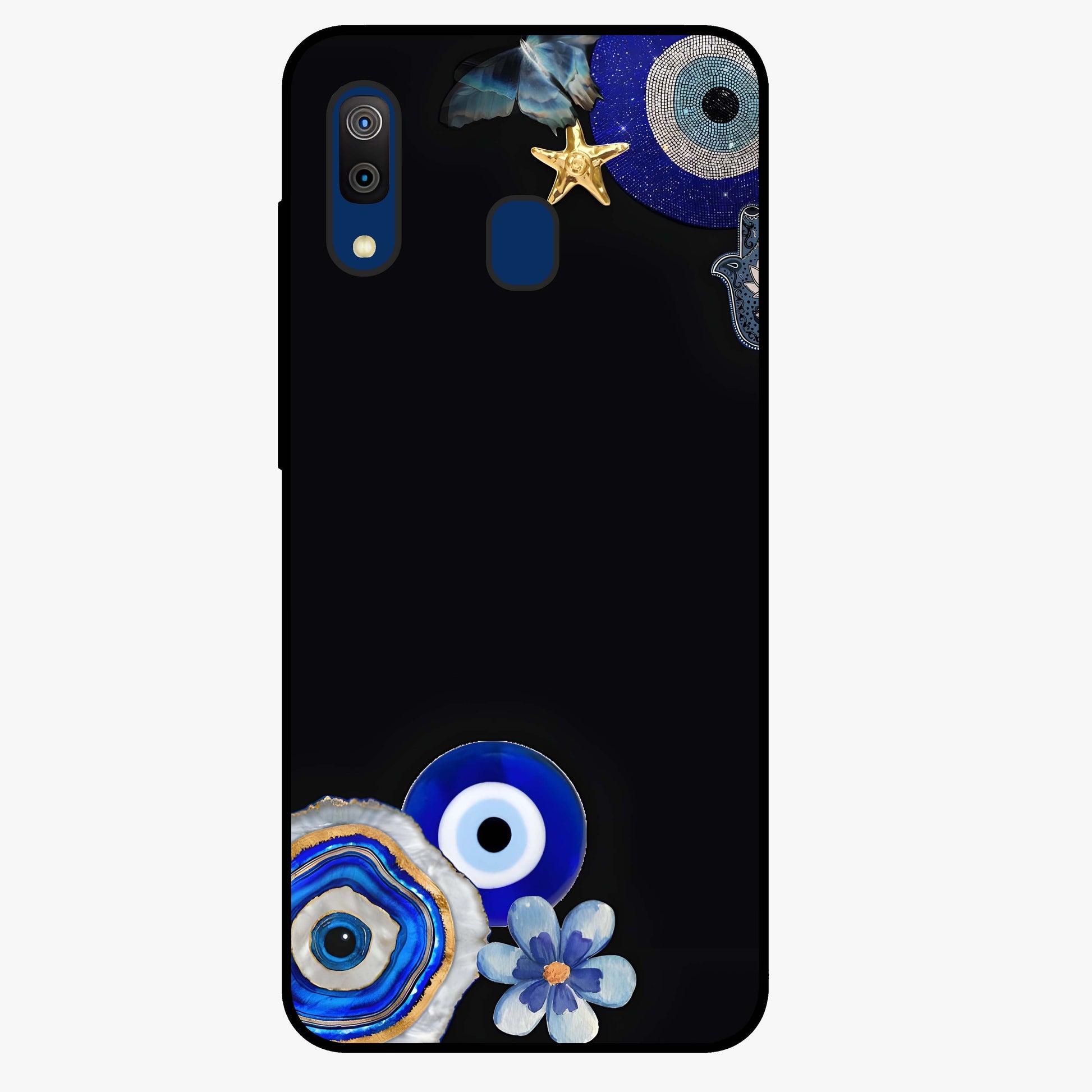 Aesthetic Blue Evil Eye Glass Case showing flat back view with protective evil eye artwork and glossy glass finish.