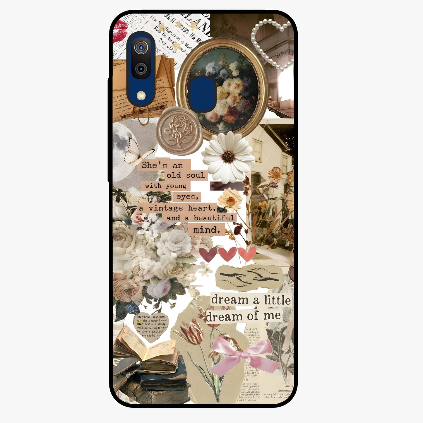 Aesthetic Brown Vintage Collage Glass Case showing flat back view with retro collage artwork and glossy glass finish.