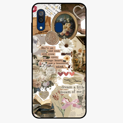 Aesthetic Brown Vintage Collage Glass Case showing flat back view with retro collage artwork and glossy glass finish.