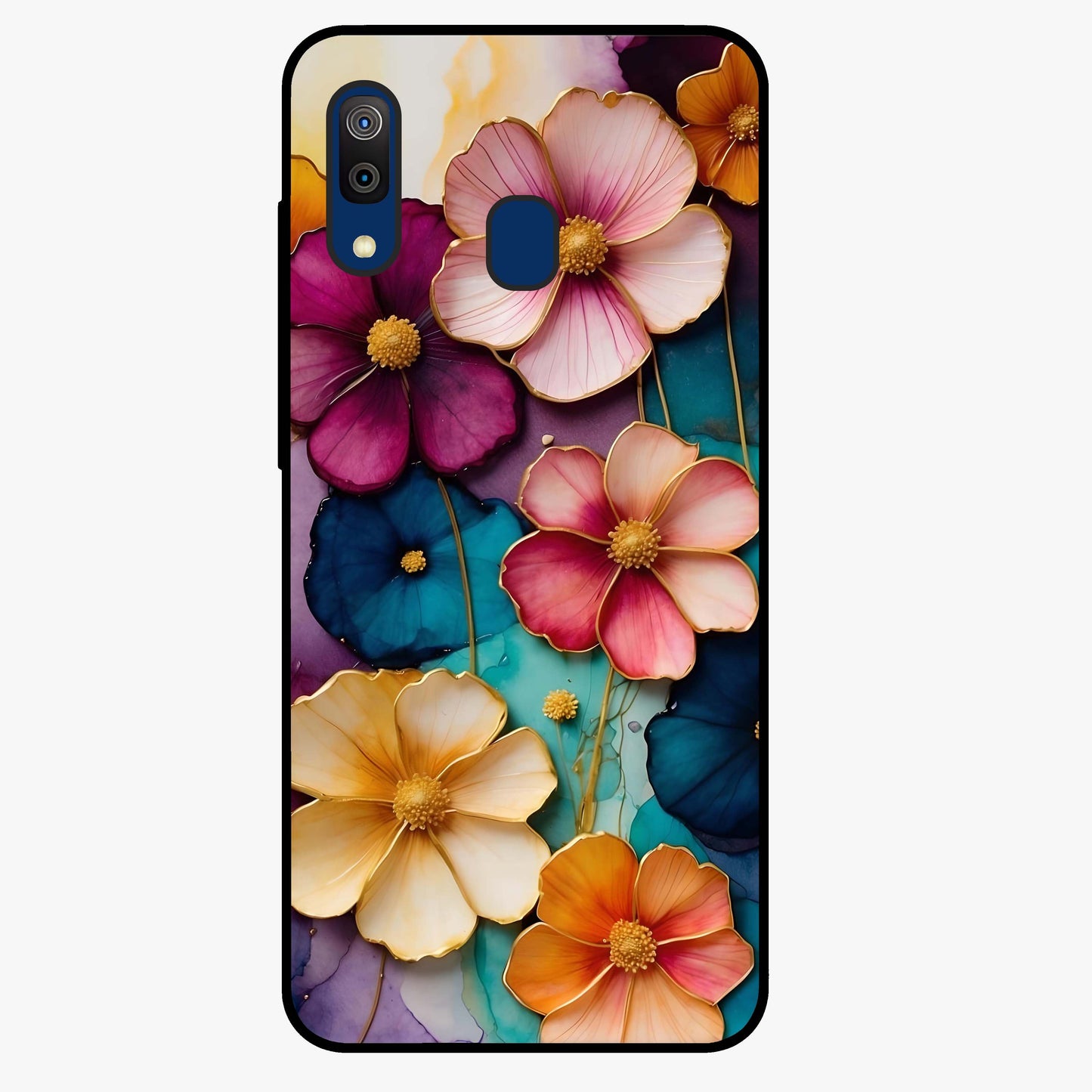 Artlyn Grace Flower Pattern Glass Case showing flat back view with elegant floral pattern artwork and glossy glass finish.