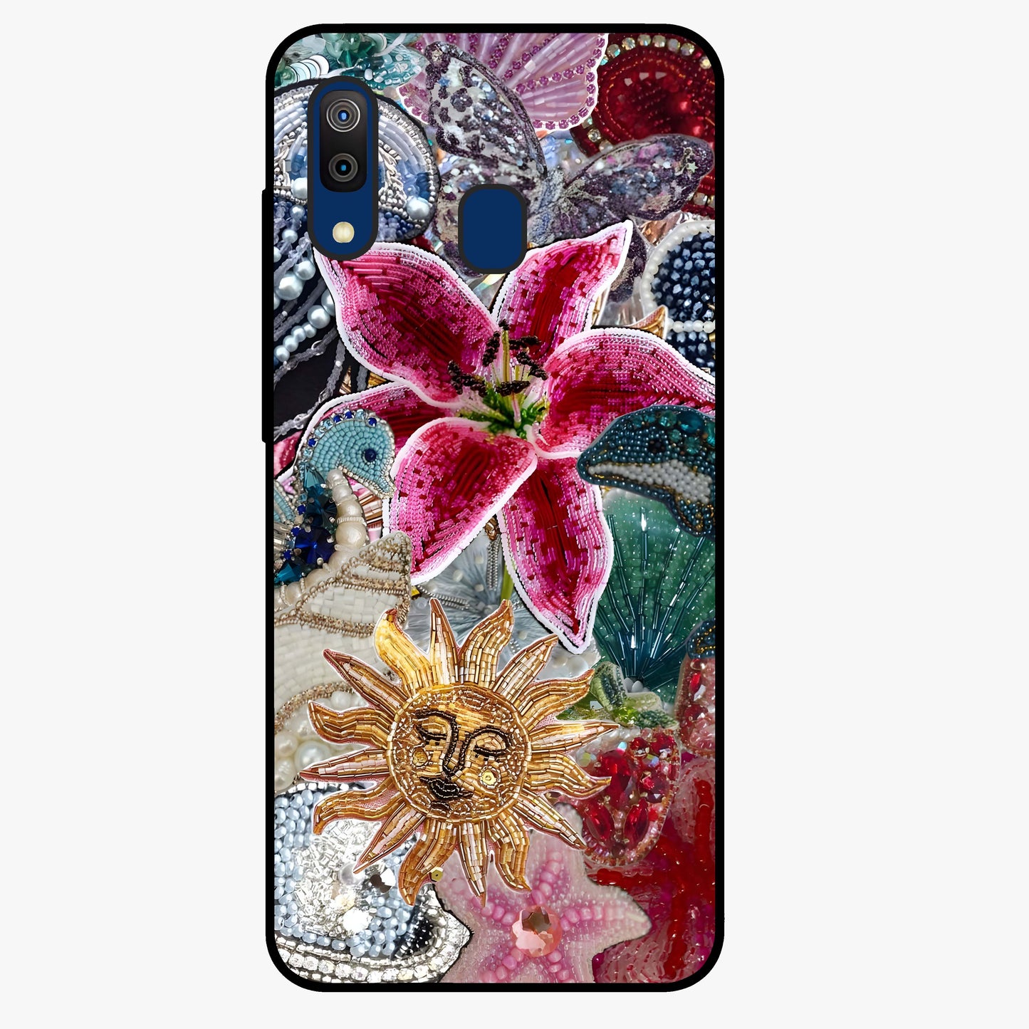 Beaded Garden Fantasy Glass Case showing flat back view with dreamy garden bead artwork and glossy glass finish.