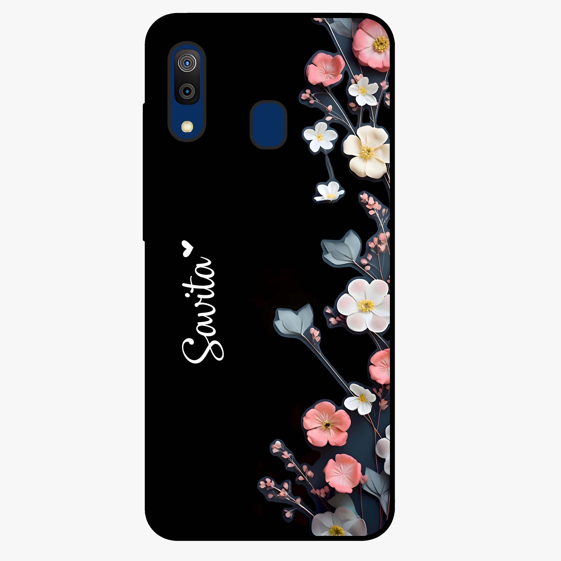 Black Elegance Floral Custom Name Glass Case showing flat back view with elegant floral artwork and personalized name design.