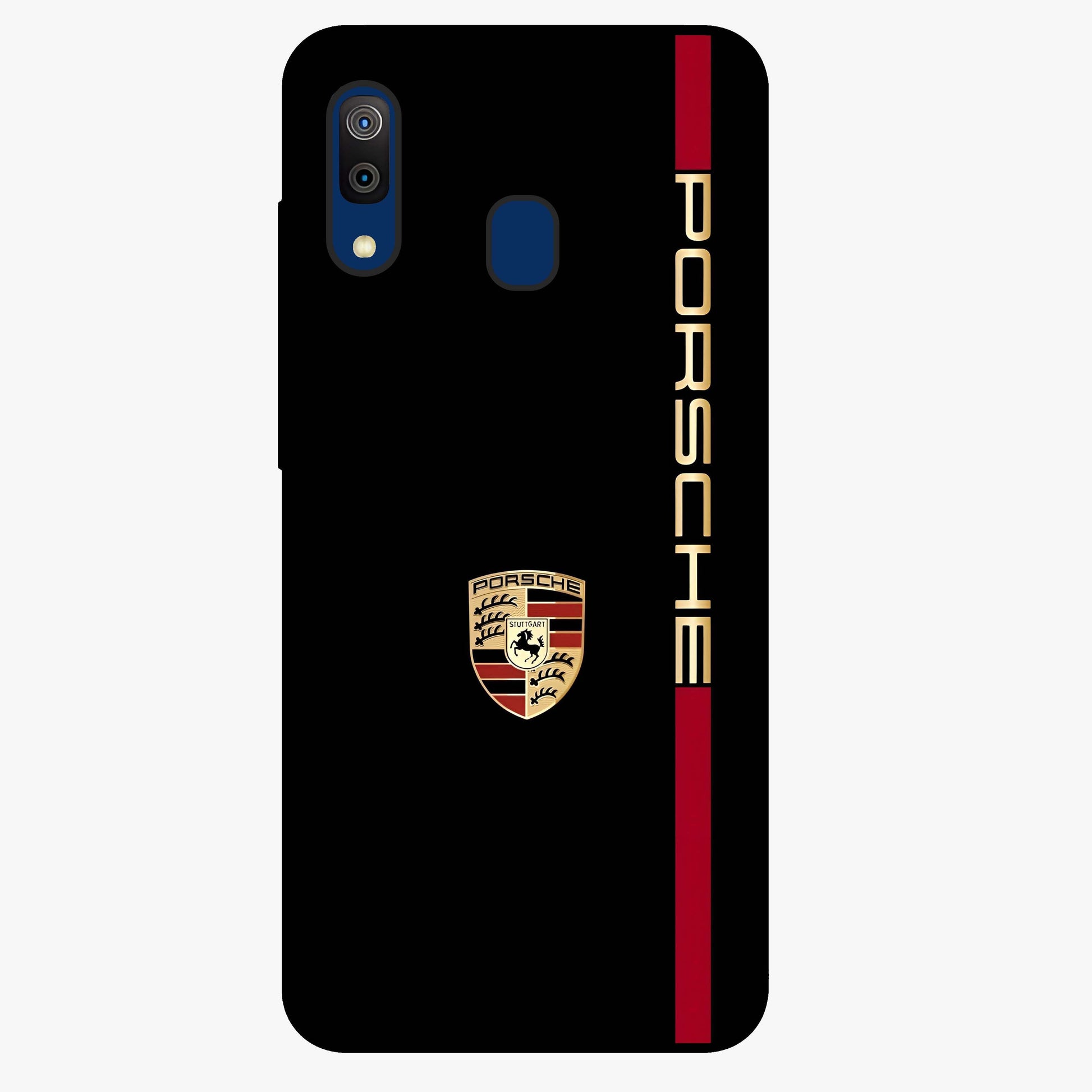 Black Minimal Porsche Glass Case showing flat back view with sleek minimal sports car artwork and glossy glass finish.