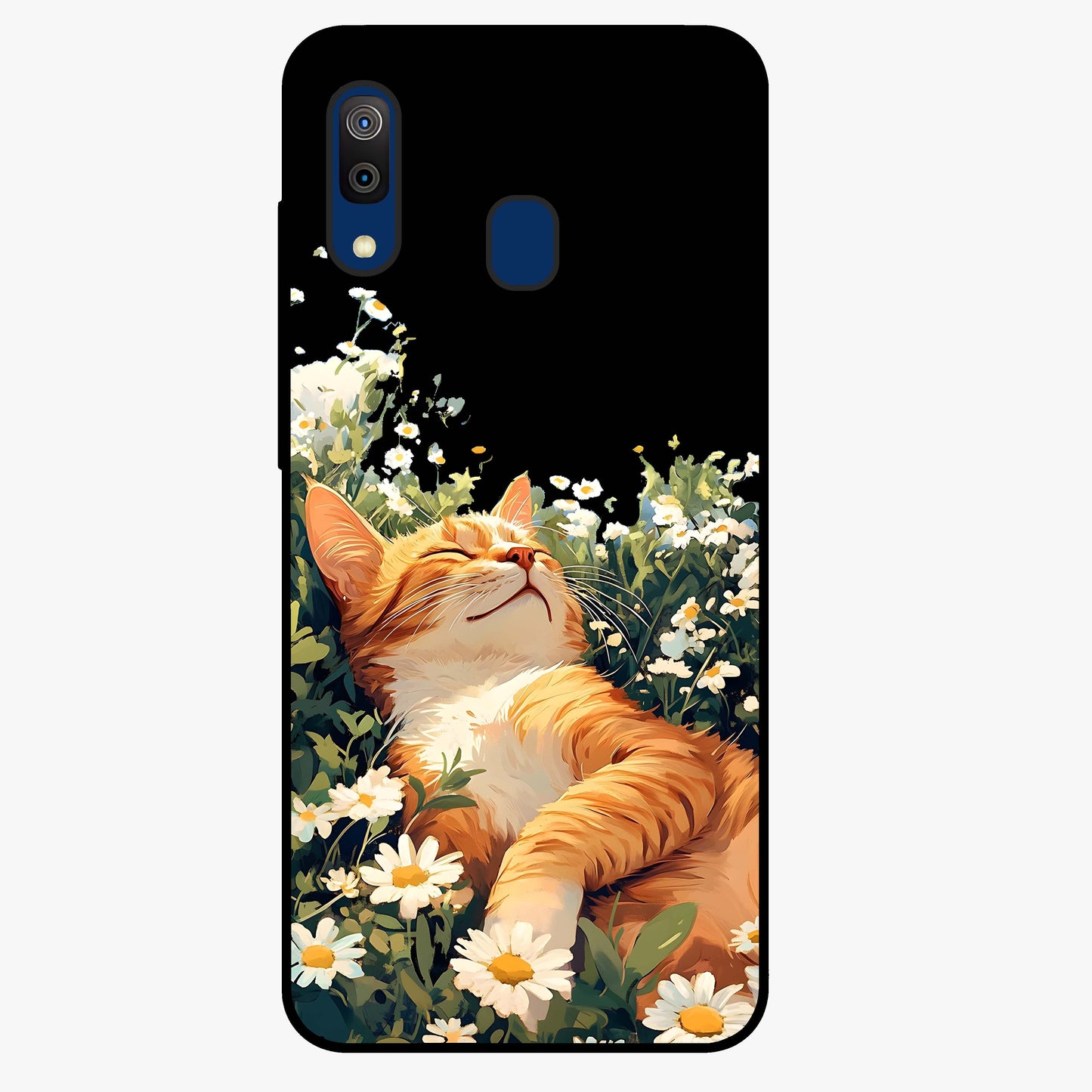 Blissful Bloom Cat Glass Case showing flat back view with cute cat and floral bloom artwork and glossy glass finish.
