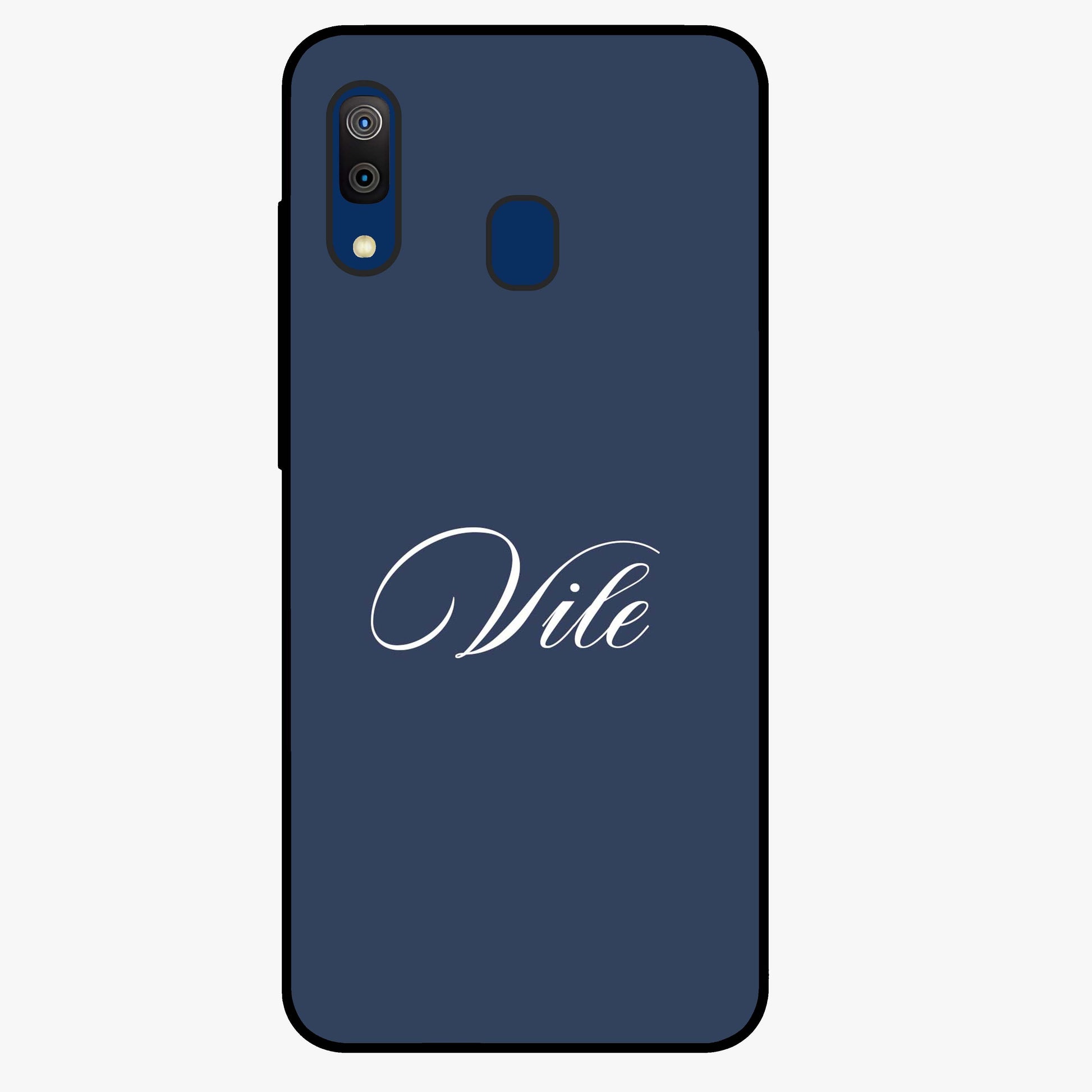 Blue Background Personalized Custom Name Glass Case showing flat back view with minimal blue background and custom name design.