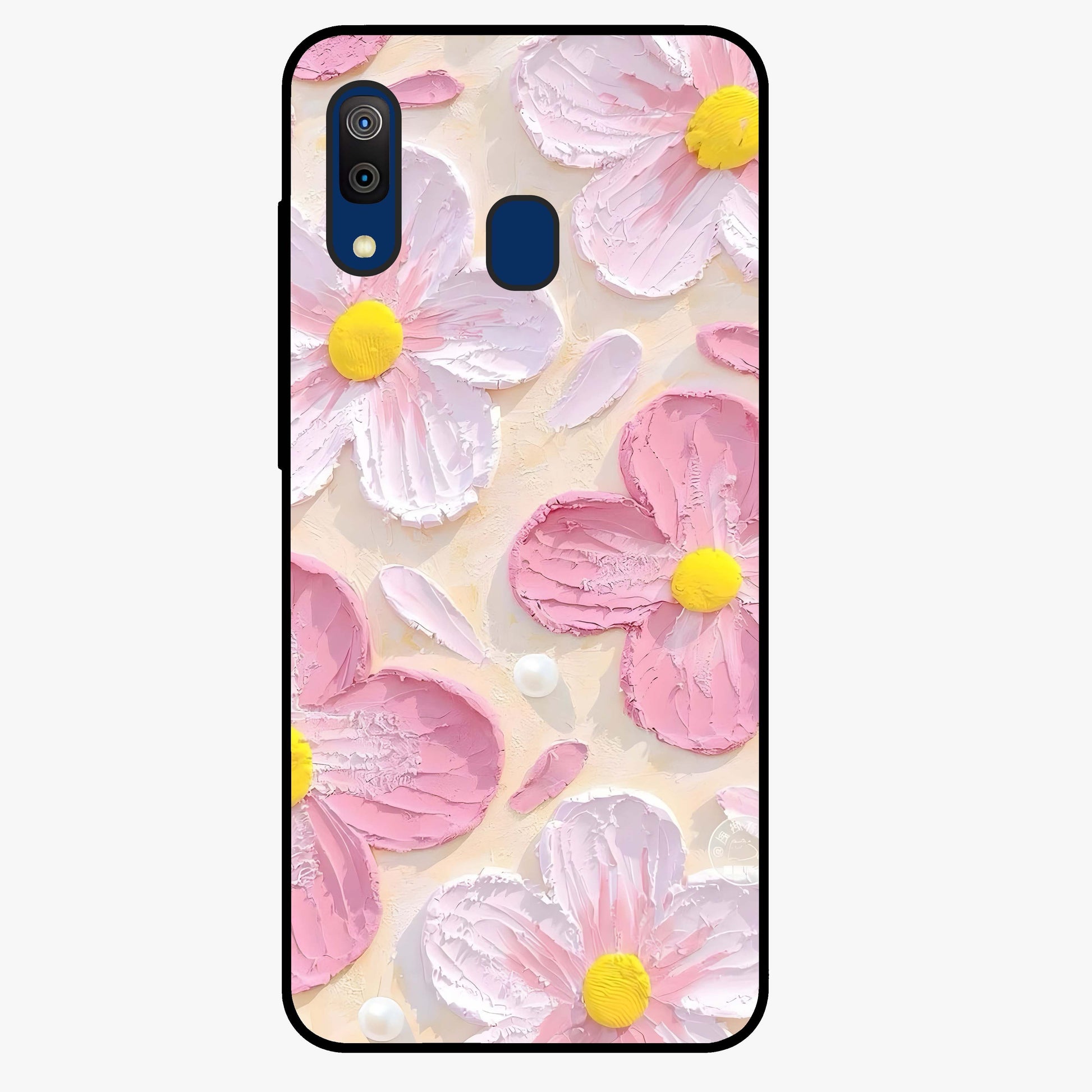 Blush Bloom Texture Glass Case showing flat back view with soft blush floral texture artwork and glossy glass finish.