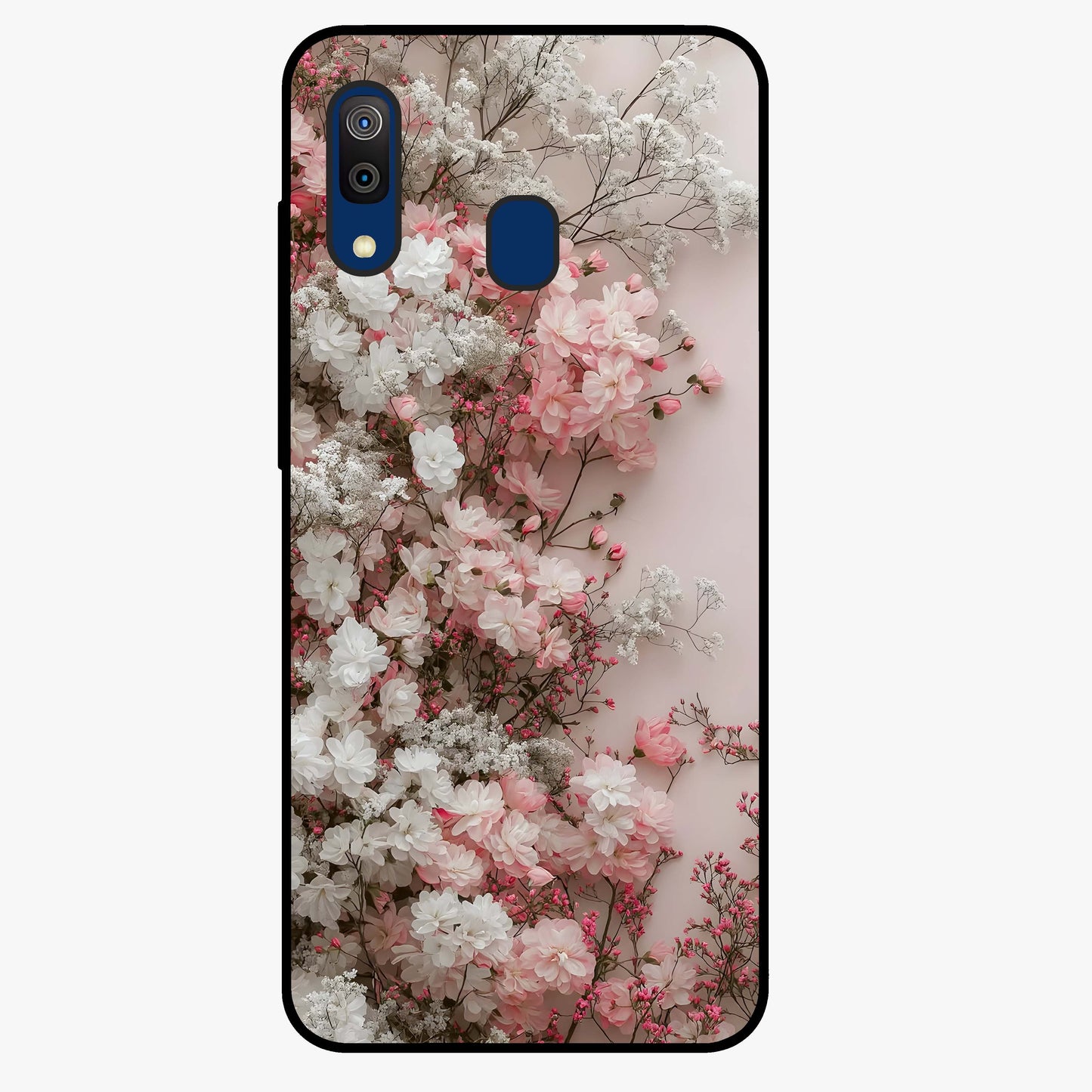 Blush Blossom Cloud Glass Case showing flat back view with dreamy blush cloud blossom artwork and glossy glass finish.