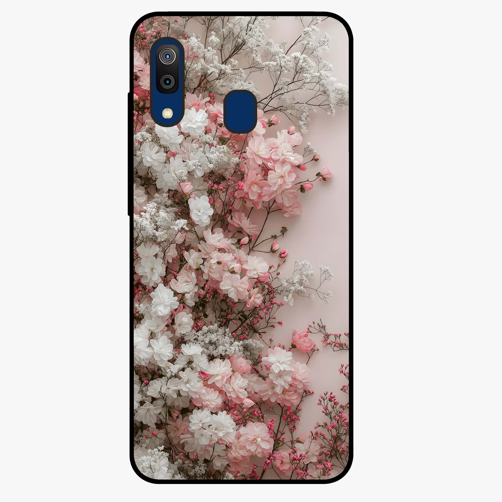 Blush Blossom Cloud Glass Case showing flat back view with dreamy blush cloud blossom artwork and glossy glass finish.