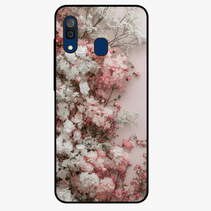Blush Blossom Cloud Glass Case showing flat back view with dreamy blush cloud blossom artwork and glossy glass finish.