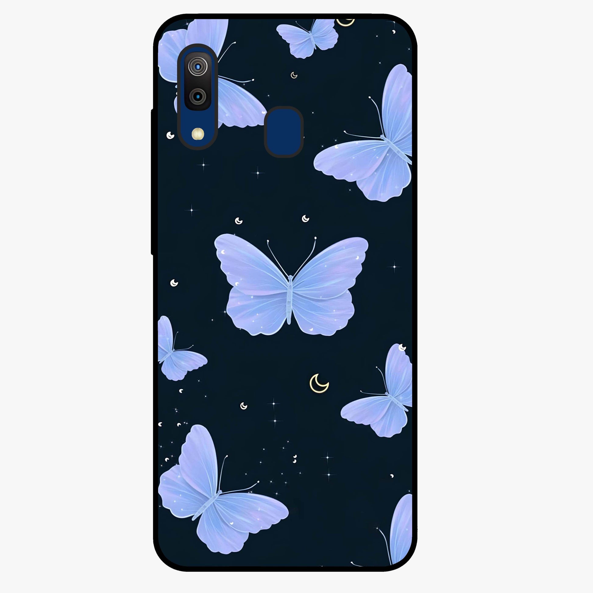 Butterfly With Stars Pattern Glass Case showing flat back view with butterfly and star pattern artwork and glossy glass finish.