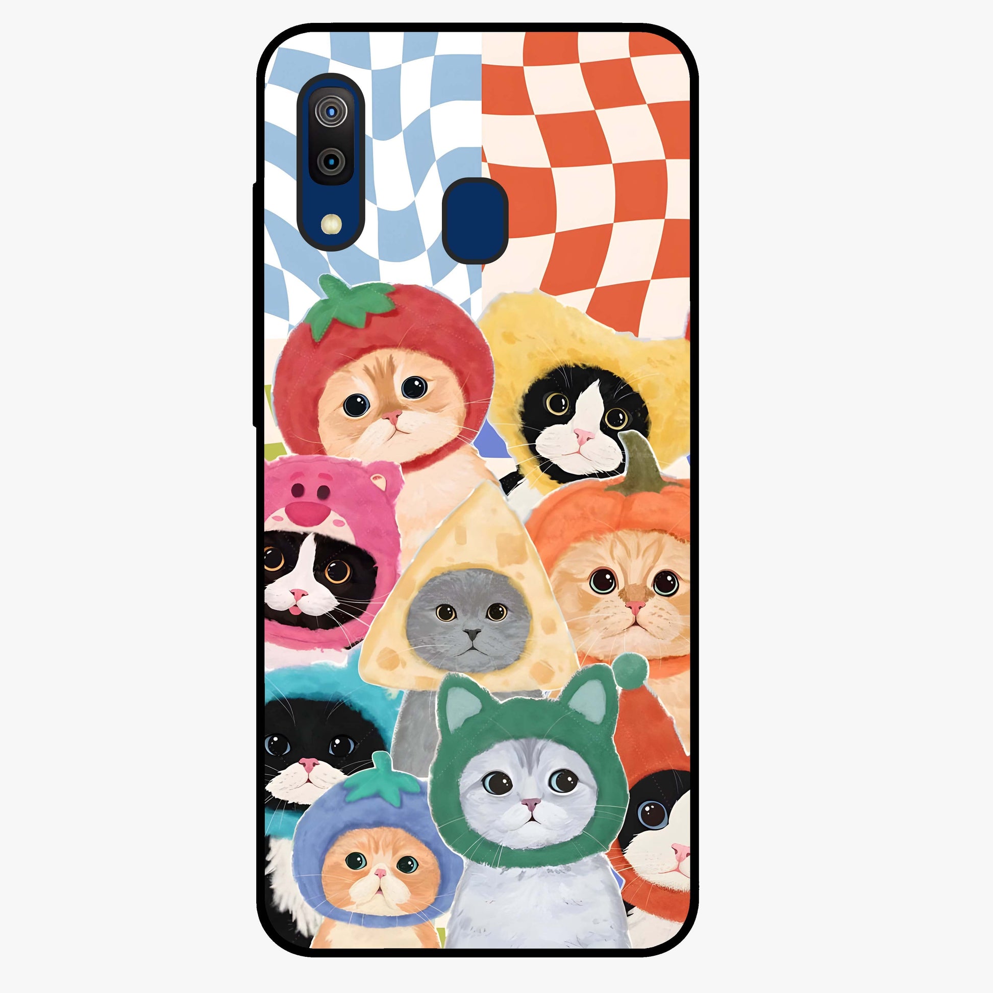 Cats in Fruits Glass Case showing flat back view with playful cat illustrations inside fruit artwork and glossy glass finish.