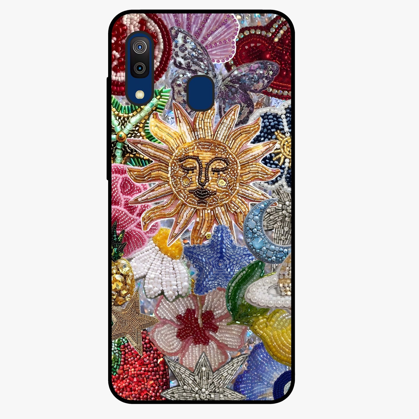 Celestial Floral and Playful Glass Case showing flat back view with floral and celestial themed artwork and glossy glass finish.