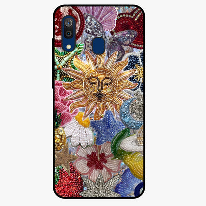 Celestial Floral and Playful Glass Case showing flat back view with floral and celestial themed artwork and glossy glass finish.