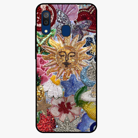 Celestial Floral and Playful Glass Case showing flat back view with floral and celestial themed artwork and glossy glass finish.