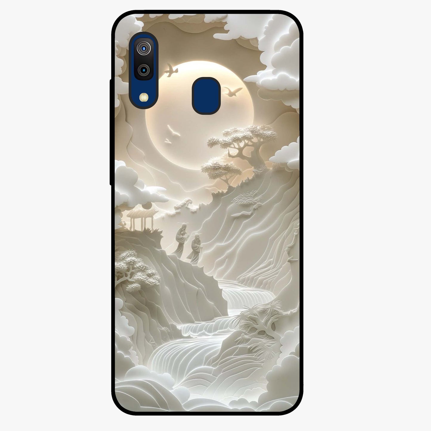 Celestial Origami Glass Case showing flat back view with artistic origami inspired celestial artwork and glossy glass finish.