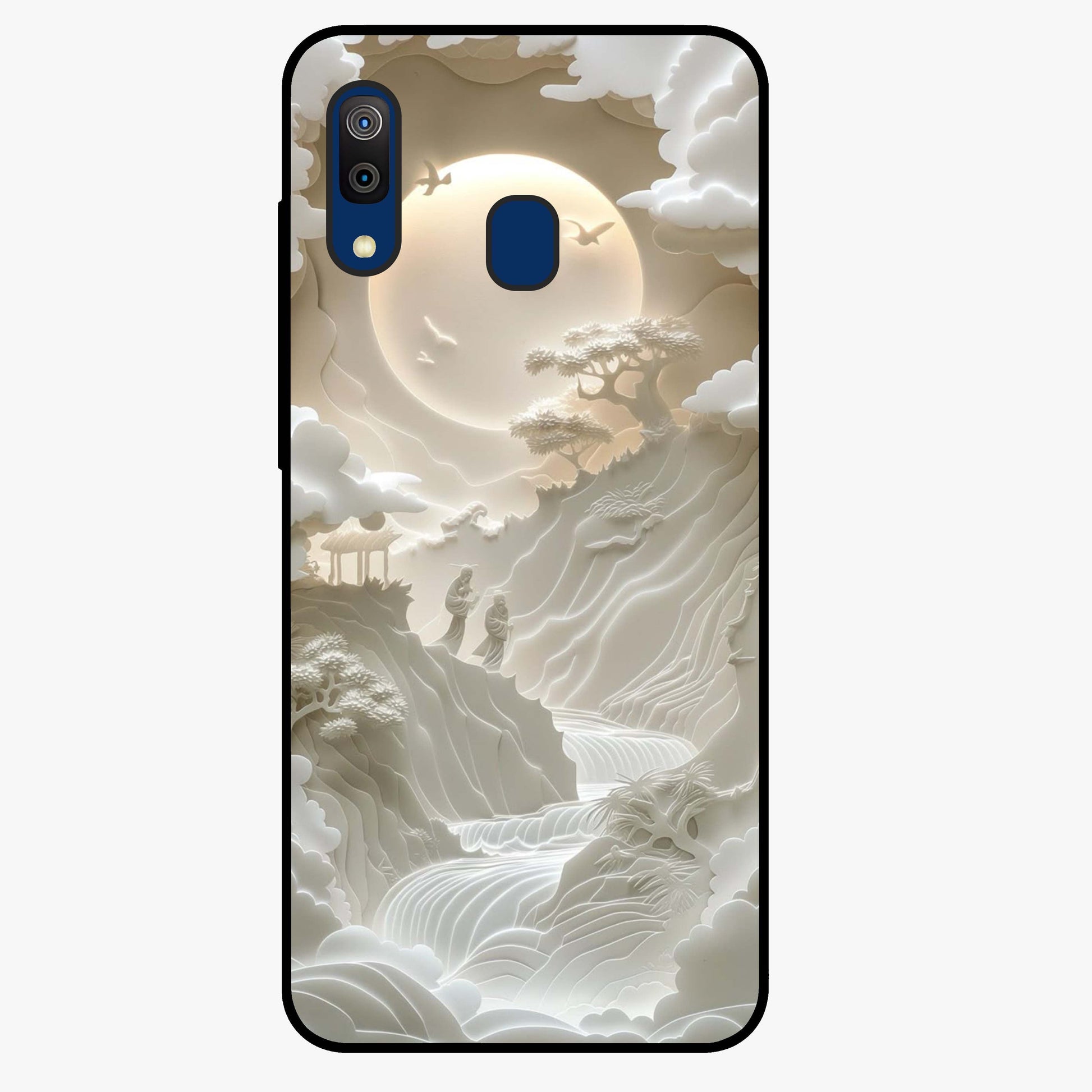 Celestial Origami Glass Case showing flat back view with artistic origami inspired celestial artwork and glossy glass finish.