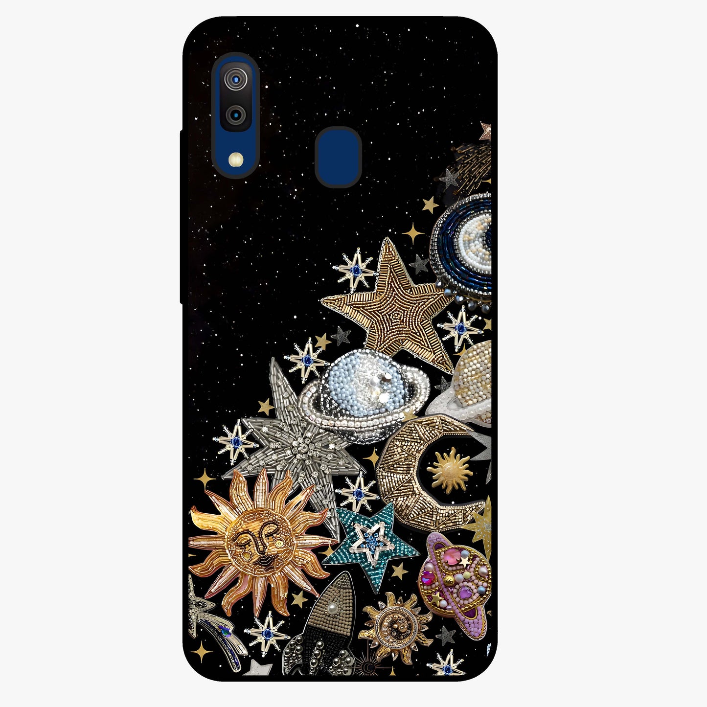 Cosmic Sparkle Dreams Glass Case showing flat back view with sparkling cosmic artwork and glossy glass finish.