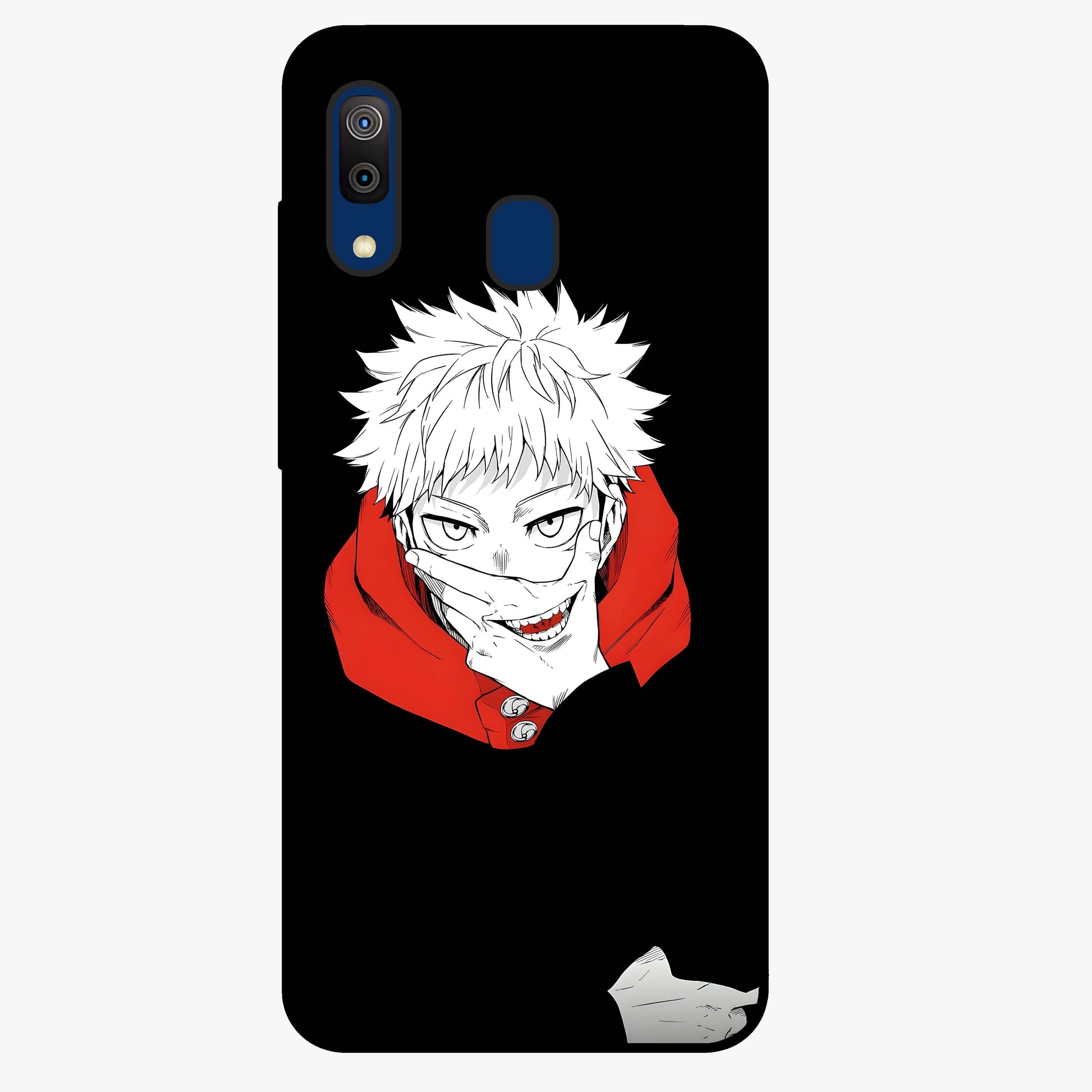 Crimson Chaos Smile Glass Case showing flat back view with bold chaotic smile artwork and glossy glass finish.